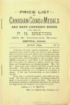 Price List of Canadian Coins and Medals for Sale by P.N. Breton No. 10, Breton, P.N. (June 1892)