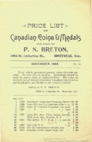 Price List of Canadian Coins and Medals for Sale by P.N. Breton No. 11, Breton, P.N. (November 1892)